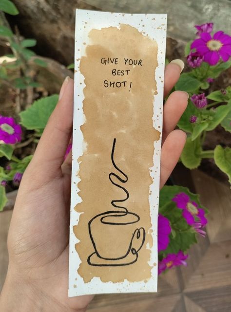 Coffee Art Bookmarks, Coffee Painting Bookmark, Coffee Bookmark Ideas, Bookmark Art Aesthetic, Aesthetic Easy Bookmarks, Bookmark Ideas Aesthetic Drawing, Bookmark Painting Aesthetic, Cute Handmade Bookmark Ideas, Coffee Bookmarks Diy