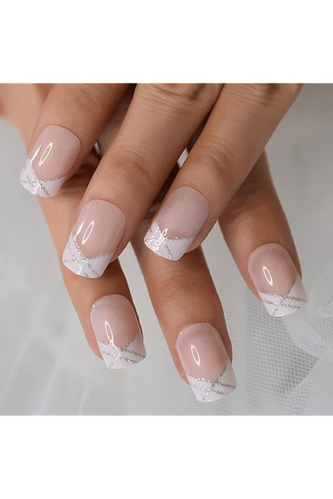 Silver And White French Nails, French Nail Gel Designs, Acrylic Nail French Tip With Design, White Tip Nail Designs Ideas, Short French Manicure Designs, French Tips With Design On Ring Finger, Nails With Paw Prints, Simple September Nails, White And Silver French Tip Nails