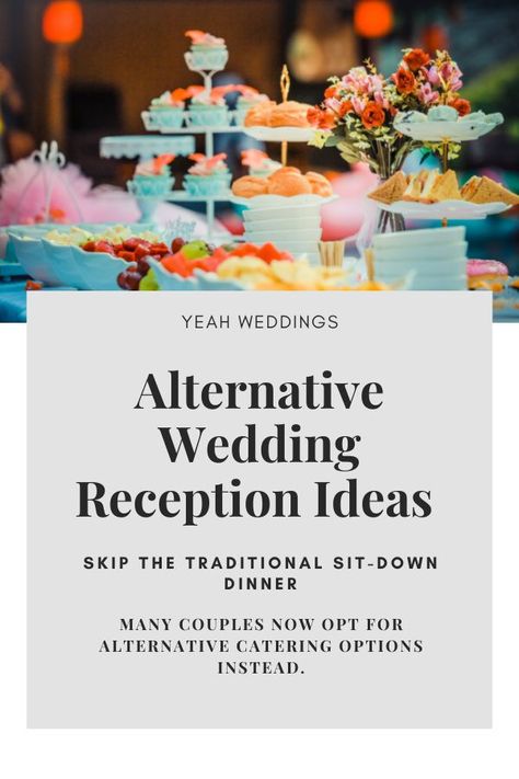 If you aren't the traditional type, these alternative ideas to a wedding reception dinner will be great for you. Alternative wedding reception ideas are becoming more and more common, so don’t be afraid to do something different for your wedding. #reception #nontraditional #nontraditionalwedding #weddingplanning #weddingreceptionideas #weddingideas #weddingdecor Strolling Reception Wedding, Stand Up Reception Wedding, Themed Reception Ideas, Casual Wedding Dinner Ideas, Drop In Wedding Reception, Non Dinner Wedding Reception, Mix And Mingle Wedding Reception, Wedding Non Traditional Ideas, Wedding Reception Styles