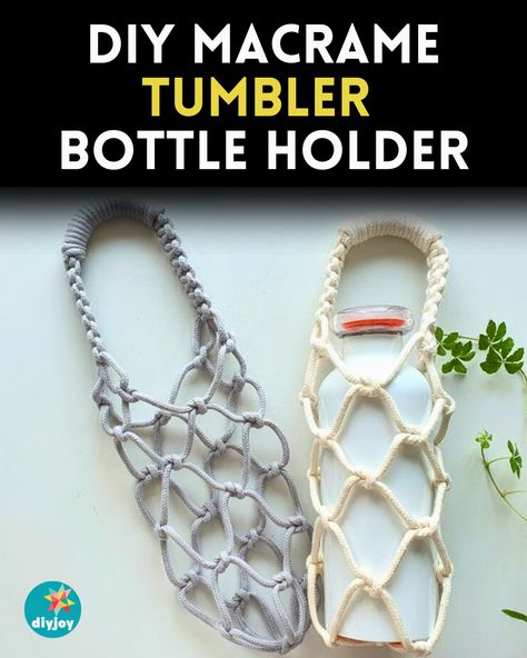 Make a cute macrame bottle holder for your tumbler or water bottle with this quick and easy DIY tutorial! It's easy and beginner-friendly. Paracord Tumbler Handle Diy, Easy Crochet Water Bottle Holder, Water Bottle Macrame Holder, Macrame Water Bottle Holder Tutorial, Bottle Hanging Knots, Diy Macrame Bottle Holder, Macrame Bottle Holder Diy, Macrame Water Bottle Holder Diy Tutorial, Macrame Garlic Holder Diy