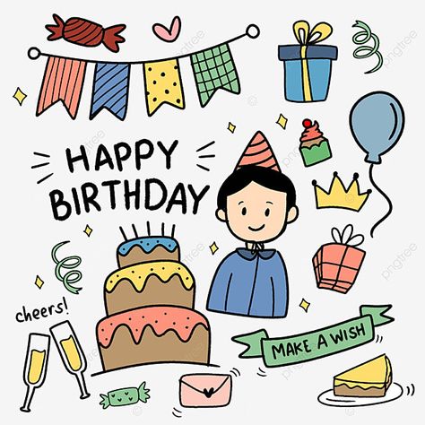 Doodle Colorful, Happy Birthday Doodles, Happy Birthday Cheers, Happy Birthday Drawings, Birthday Drawing, Birthday Doodle, Doodle Png, Happy Birthday Boy, Colorful Drawing