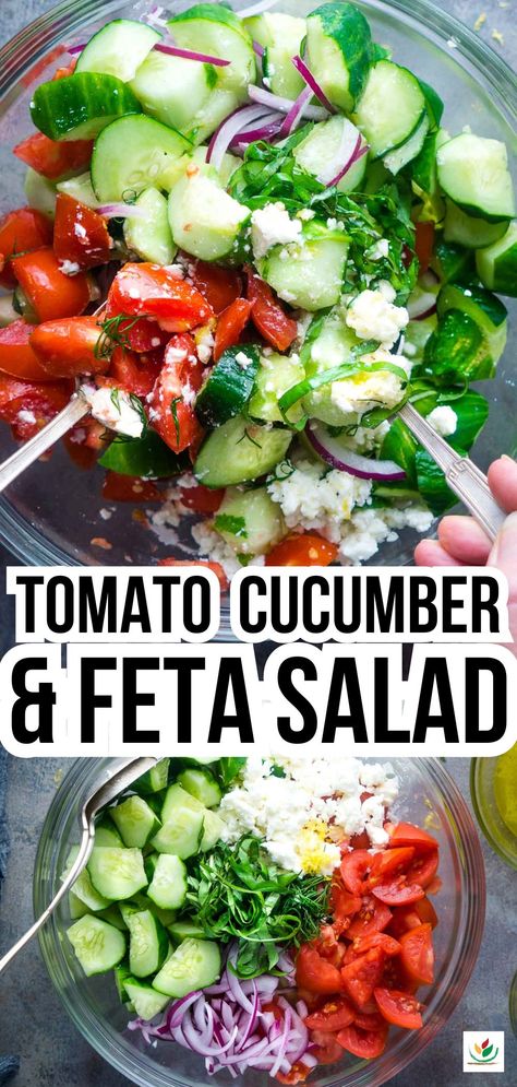 Person's hands using stirring utensils to toss tomato cucumber salad in glass bowl. Untossed tomato cucumber salad in glass bowl with serving spoons. Title: Tomato Cucumber & Feta Salad Salads With Feta Cheese Healthy, Cucumber Feta Tomato Salad, Healthy Recipes With Feta Cheese, Cold Vegetable Salad, Cucumber Tomato Salad Feta, Meals With Feta Cheese, Feta Cheese Salad Recipes, Recipes Using Feta Cheese, Salad Recipes With Feta