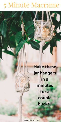 Upcycling, Macrame Jar Hanger, Mason Jar Hanger, Mason Jar Plants, Hanging Mason Jar Lights, Macrame Jar, Yogurt Jars, Fairy Lights In A Jar, Macrame Light