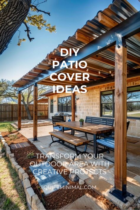 Build your own pergola and more with our DIY patio cover instructions. #BuildItYourself #DIYPergola Galvanized Patio Cover, Diy Covered Porch Budget, Backyard Patio Covering Ideas, Patio Awning Ideas Covered Decks, Diy Outdoor Structures, Back Porch With Pergola Patio Ideas, Extend Covered Patio Ideas, 10x20 Covered Patio, How To Build Patio Cover