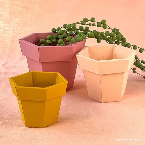 Paper Plant Pots DIY Template & Tutorial - Lia Griffith Paper Flower Pot Diy, Diy Paper Plant Pot, Paper Pots Craft, Plant Pots Diy, Origami Pot, Paper Plant Pots, Paper Flower Pot, Truffula Tree, Plant Pots Crafts