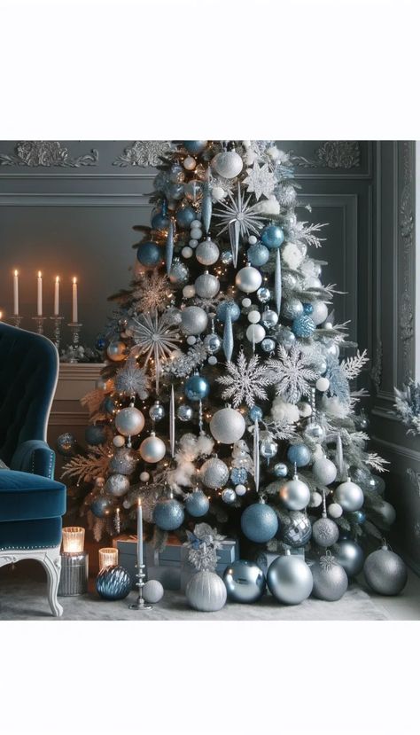 🎄 21 Stunning Elegant Christmas Tree Decorating Ideas You Must Try This Holiday Season! ✨ Natal, Blue White And Silver Christmas Tree Decorating Ideas, Cinderella Themed Christmas Tree, Blue Silver And White Christmas Tree, Navy Blue Christmas Tree Color Schemes, Light Blue Christmas Decor, Elegant Christmas Tree Ideas, Baby Blue Christmas Tree, Christmas Tree Blue And Silver