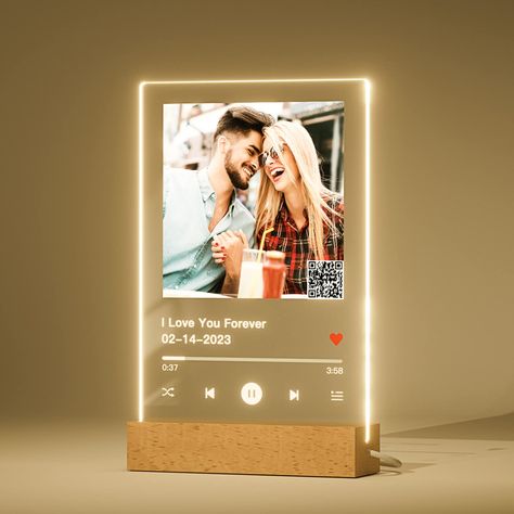 PRICES MAY VARY. ❤️Customised Song Plaque - Simply select your favourite song, matching artist, album and cover, or your own image and finally, upload the song link, then we will generate your unique song QR code for you. ❤️Custom Night Light - The personalized music plaque with four wooden based material you can choose. Simply place the personalised glass song on the base. The customized album cover will glow warmly and use the personalized glass art as a night light. ❤️The perfect gift - There Spotify Plaque, Bday Gift For Boyfriend, Song Plaque, Anniversary Boyfriend, Creative Gifts For Boyfriend, Personalized Photo Frames, Bf Gifts, Cadeau Couple, Cadeau Photo