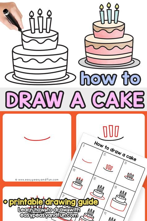 Birthday Cake Doodle Drawing, How To Draw Cake, Birthday Drawings, Cake Step By Step, Birthday Cake Tutorial, Cartoon Birthday Cake, Birthday Doodle, Cake Drawing, Journal Therapy