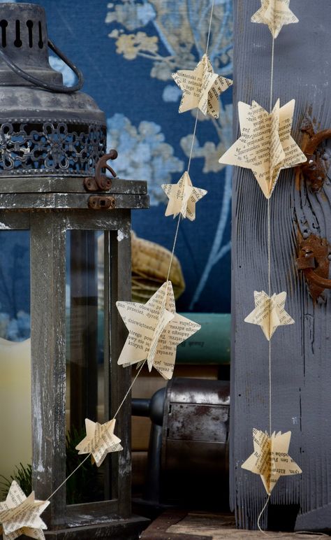 3D Star Garland, Star Book Pages Garland, Vintage Decor, Book Lover Gift, Old Book Page Garland - Etsy Natal, Book Mantle Decor, Craft With Old Books, Book Ceiling Decor, Paper Stars Garland, Vintage Theme Decor, Used Book Crafts, Upcycled Book Pages, Book Page Stars Diy