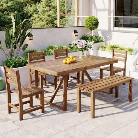 PRICES MAY VARY. [Exquisite and minimalist design]: This wooden patio dining set features a sleek and minimalist design that adds a touch of sophistication to any outdoor space. [Premium acacia wood]: Crafted with high-quality acacia wood, this outdoor dining table and chairs set ensures durability and longevity. The natural wood grain adds warmth and elegance to the overall aesthetic. [Multi-scene application]: Perfect for various outdoor settings, such as gardens, patios, balconies, or poolsid Wood Outdoor Table, Balcony Backyard, Patio Furniture Dining Set, Outdoor Dining Table Setting, Acacia Wood Table, Dining Set With Bench, Wood Patio Furniture, Outdoor Tables And Chairs, Dining Furniture Sets