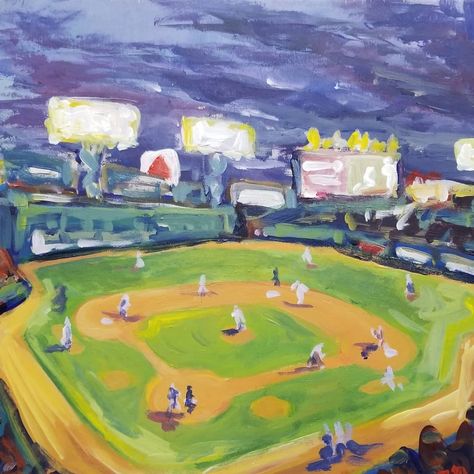 Acrylic painting of baseball game at Fenway, the Green Monster, the Citgo sign, the Red Sox Fenway Park Drawing, Baseball Field Painting, Baseball Painting Ideas, Fenway Park Painting, Boston Painting, Citgo Sign, Baseball Painting, Park Painting, Boston Poster