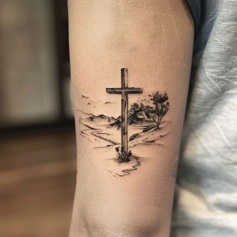 Matching Tattoos Bible Verse, Calvary Tattoo Crosses, Bible Tattoo Ideas For Men, Fine Line Barbed Wire Tattoo, Men Above The Knee Tattoo, Cross On Mountain Tattoo, Mens Faith Tattoos, Starter Sleeve Tattoo For Men, Christian Bicep Tattoo Men