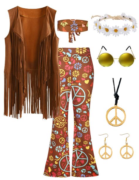 PRICES MAY VARY. 70s outfit for women:Hippie costume include 1*hippie fringe vest suede, 2*hippie flower headband, 1*peace sign earrings , 1*peace sign necklace, and 1*retro sunglasses,these hippie accessories will bring you an attractive charm, make you the focus of the theme party. Soft meterial :Pants:Stretchy Fabric, Fit To Wear All Day.Machine Wash are Available,hippie fringe vest is made Faxure Suede , is light weight, soft and comfortable when your wearing.Wear with Hippie accessories wil 70s Disco Fashion Women, Hippie Fringe Vest, 70s Themed Outfits, Hippie Flower Headband, Woodstock Costume, Hippie Costume Diy, 70s Halloween Costume, 70s Party Outfit, Hippy Costume