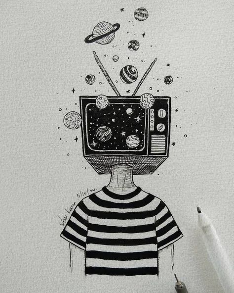 If you're looking for cool drawing ideas, you'll love this aesthetic drawing of a girl with a TV on her head that filled with planets from the galaxy. Great and easy fun drawing and sketch idea. Painting And Sketching Ideas, Planet Head Drawing, Best And Easy Drawings, Out Of Place Art Drawings, Add As A Drawing, Simple Aesthetic Illustration, Art About Loving Someone, Rapid Painting Ideas Easy, Tv Head Sketch