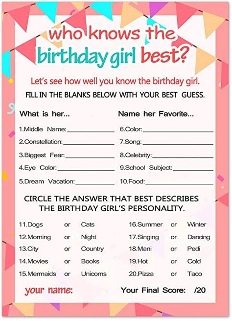 Amazon.com: Who Knows The Birthday Girl Best, Birthday Girl Games - 20 Game Cards: Home & Kitchen Games For A 40th Birthday Party, 40th Party Games, 90th Birthday Party Games, Party Games For Sweet 16, Decade Birthday Party Ideas, Birthday Brunch Games, Birthday Girl Games, 80th Birthday Party Games, Volleyball Braids