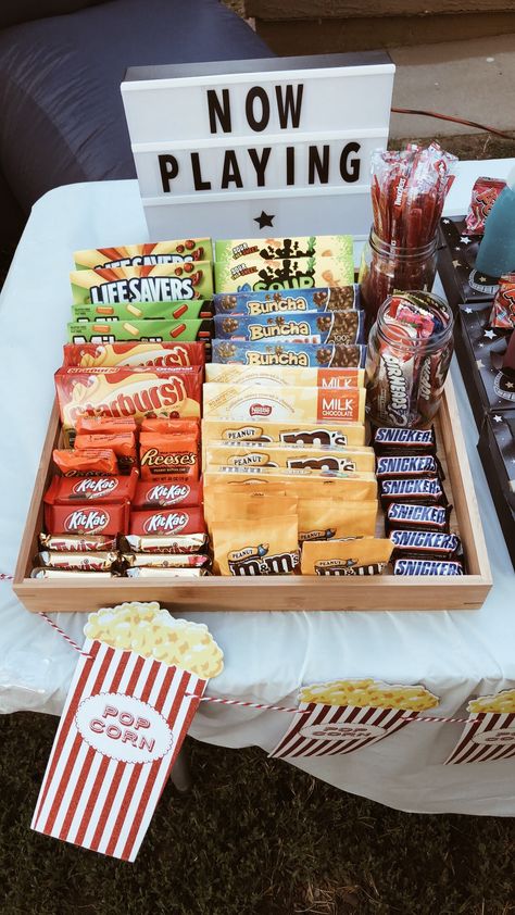 13 Birthday Movie Night, Outdoor Movie Night Bday Party, Bday Hangout Ideas, Movie By The Pool Party, Outside Movie Night Food Ideas, Bachlorette Party Movie Night, Pajama Movie Party, Deck Movie Night, Movie Night Themed Birthday Party Snack Bar