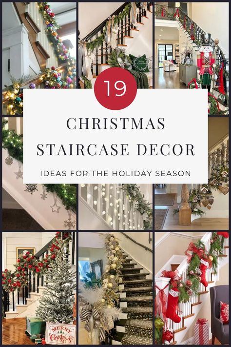 19 Christmas Staircase Decorating Ideas - Finding Mandee Christmas Lights On Stairs Railings, Stairway Railing Christmas Decorating, Christmas Garland Staircase Ideas, Glass Staircase Christmas Decor, Christmas Stair Decoration, Decorating A Banister For Christmas, Newel Post Christmas Decorations, Bannister Decorations Christmas, Christmas Decorated Staircase Railings