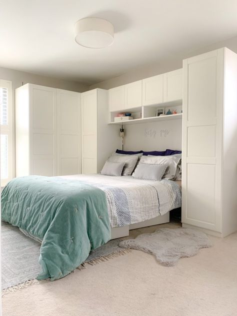 Small Room With Closet And Bed, Wardrobe Around Bed Ikea, Pax Wardrobe Beside Bed, Small Bedroom Over Bed Storage, Bedroom Ideas With Built In Wardrobes Around Bed, Bedroom Over Bed Storage, Ikea Small Bedroom Storage, Storage For Small Master Bedrooms, Shelf Near Bed