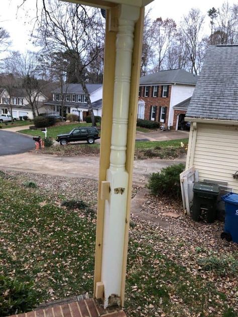 Wrapped Front Porch Posts, Porch Wrapped Columns, Diy Wood Posts Front Porches, Cedar Wrapped Columns, Front Porch Pole Ideas, Stained Columns Front Porch, Boxing In Front Porch Posts, Diy Front Porch Column Wraps, Redo Porch Columns