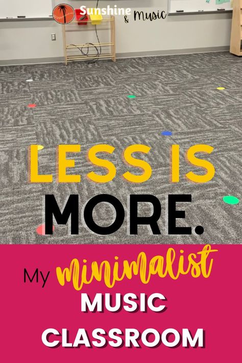 Picture of a simple but cheerful elementary music classroom titled "less is more. my minimalist music classroom" Music Classroom Organization Elementary, Decorate Music Classroom, Small Music Classroom Setup, Music Room Elementary School, Music Classroom Setup, Preschool Music Classroom Decor, Music Classroom Aesthetic, Music Class Decor, Middle School Music Classroom Decor