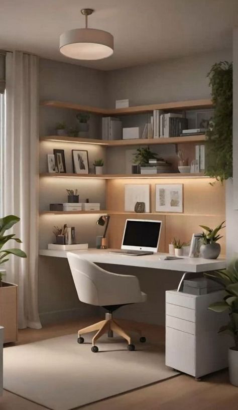 Working From Home Space, Corner Office In Bedroom, Closet Office Design, Modern Workspace Home, Home Office/spare Room Ideas, Light Airy Home Office, Personal Office Aesthetic, Desk In Corner Facing Out, Therapy Office Desk