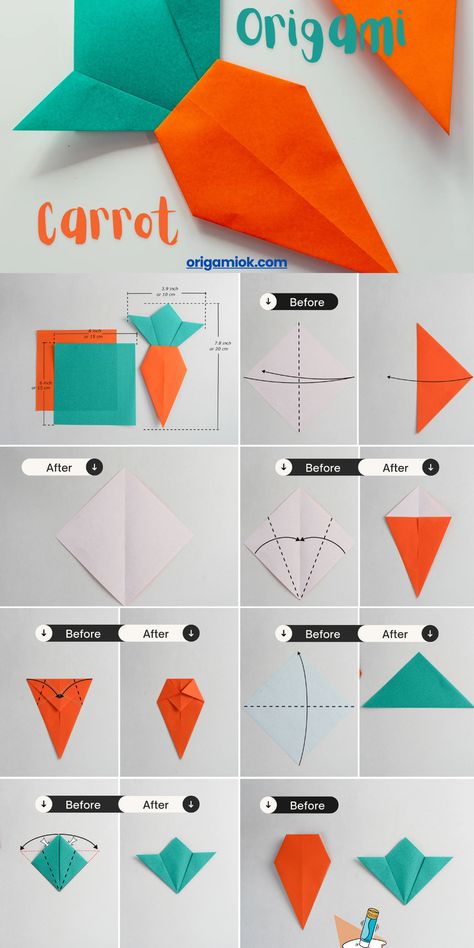 A simple and cute origami carrot for beginners and kids. All you need is two pieces of square paper, the orange one for the carrot part, and the red one for the leaf part. Candle Origami, Origami Vegetables, Origami Balloon, Origami Box Easy, Cute Origami, How To Make Origami, Orange Paper, Easy Origami, Origami Box