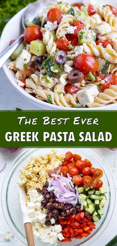 Homemade Greek Dressing, Greek Pasta Salad Recipe, Feta Pasta Salad, Greek Pasta Salad, Mediterranean Pasta Salads, Greek Dressing, Mediterranean Pasta, Clean Snacks, Greek Pasta