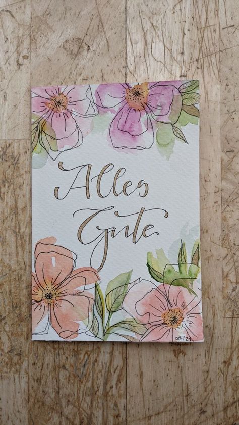 Birthday Cards Watercolor Flowers, Flower Cards Watercolour, Birthday Card Ideas With Watercolor, Flowers On Cards Drawing, Watercolour Flower Birthday Card, Watercolor Gift Card Ideas, Watercolour Flower Card Ideas, Watercolor Painting Birthday Card, Birthday Cards Flowers Drawing