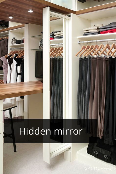 Love this feature. A slide out mirror in a custom laminate closet organizer system. Click through to learn the difference between wire and laminate for a closet system. Grey Beds, Remodel Garage, Hidden Mirror, Closet Mirror, Master Closet Organization, Bedroom Remodeling, Remodel Farmhouse, Custom Closet Organization, Bath Bedroom