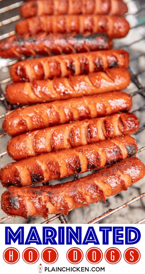 Hot Dogs On Grill, Brown Sugar Hot Dogs, Marinated Grilled Hot Dogs, Blackstone Food For A Crowd, New York Onions For Hot Dogs, Best Grilled Hot Dogs, Hot Dogs On The Blackstone, Marinate Hot Dogs, Make Ahead Hot Dogs