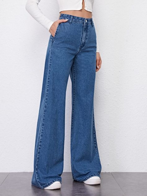 Free Returns ✓ Free Shipping On Orders $49+ ✓. High Waist Palazzo Pants- Jeans at SHEIN. Best Jeans For Women, Trendy Jeans, Moda Jeans, Hijabi Outfits Casual, Cute Pants, Waist Jeans, Best Jeans, Wide Leg Denim, Jeans Boyfriend