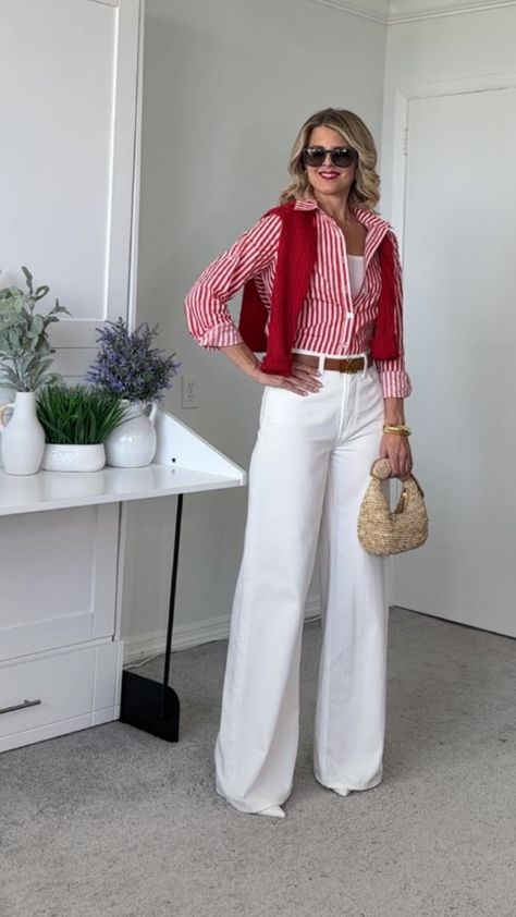 Women's High Rise Wide Leg Jean curated on LTK Red Outfits Women Casual, White Shirt Red Shoes Outfit, Red Cullotes Outfit Casual, Preppy Wide Leg Jeans Outfit, Red Outfit Women Casual, Casual Suit Outfits Women, Colorful Summer Work Outfits, Styling Jeans For Work, Red And White Casual Outfit