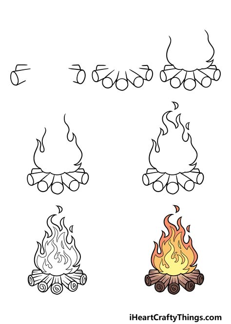 Campfire Drawing - How To Draw A Campfire Step By Step Campsite Drawing Easy, Camping Doodle Art, How To Paint A Campfire, How To Draw Campfire, How To Draw Camping Stuff, Camping Fire Drawing, Camp Fire Doodle, Campfire Drawing Reference, Fire Doodle Simple