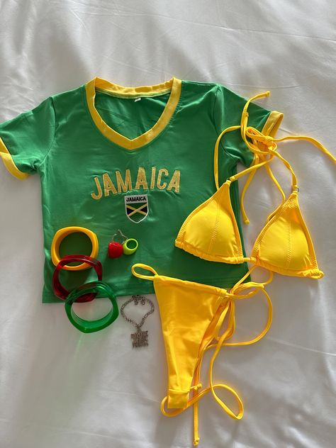 Jamaican Aesthetic Outfit, Jamaica Trip Outfits Black Women, Jamican Outfit Party, Group Vacation Outfits, Trip To Jamaica Outfits, Vacation Shein Outfits, Outfits For Jamaica Vacation, Jamaican Swimsuit, Jamaica Outfits Resort Wear