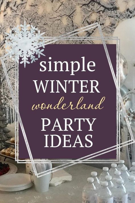 Simple winter wonderland party ideas. Snowy trees backdrop, melted snow water bottles, balloons Winter Wonderland Luncheon, Diy Winter Party Decorations, Easy Winter Party Decorations, White Christmas Party Decorations Ideas, Winter Wonderland Party For Adults, Winter Wonderland Birthday Activities, Snowball Party Ideas, Winter Parties Ideas, Winter Themed Birthday Party For Adults