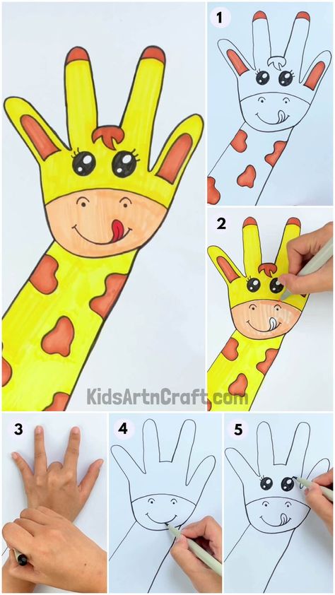 Creative Things To Do With Kids, Drawing For Preschoolers, Handprint Giraffe, Draw Giraffe, Simple Science Experiments For Kids, Draw Animals For Kids, Hand Art Projects, Trin For Trin Tegning, Art For Toddlers