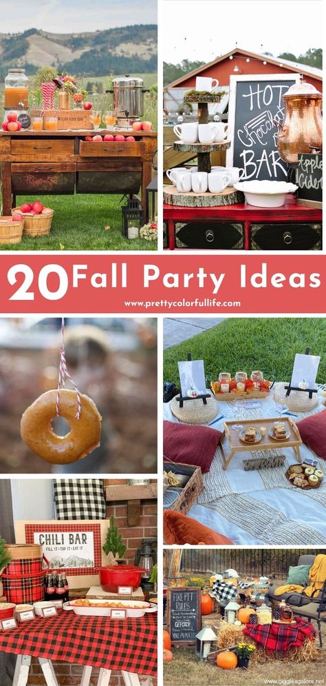 Host a fall-themed party for your family and friends with my selection of fall party ideas for adults. Transform your backyard into a fall harvest party with autumn party decorations such as hay bales, pumpkin decor, and a popcorn bar. Plan a fall picnic for your birthday with my list of fun fall birthday party ideas for women. Click the link for more fall backyard party inspiration. Harvest Backyard Party, Fall Party Adults, Fall Activities For Adults Party Ideas, Outdoor Fall Harvest Party, Fall Carnival Food Ideas, Fall Hayride Party Ideas, Fall Festival Table Ideas, Neighborhood Fall Block Party, Fall Barbecue Party