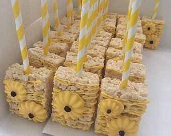 Elegant Rice Krispy Treats | Etsy Nasa Wedding, Baby Shower Sunflower Theme Girl, Chocolate Rice Crispy Treats, Chocolate Rice Crispy, Yellow Stuff, Sunflower Birthday Parties, Rice Crispie, Rice Crispies, Sunflower Theme