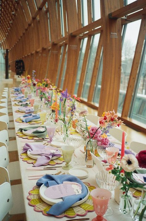 Wildflower Wedding Theme, Colorful Table Setting, Colorful Centerpieces, Modern Art Gallery, Art Gallery Of Ontario, Ontario Wedding, Bright Wedding, Garden Party Wedding, Pastel Wedding