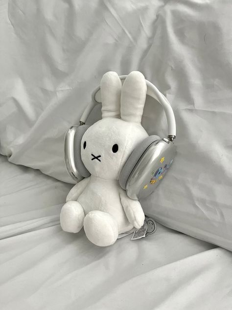 Headphones, Stuffed Animal, Bed, White