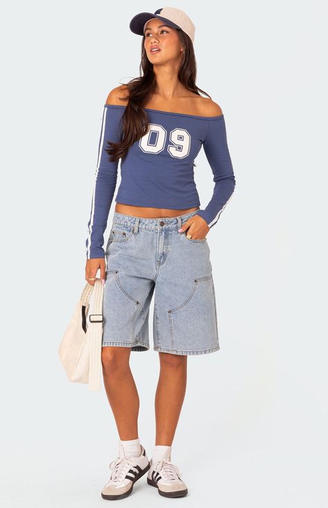 Edikted Jacqui Low Rise Denim Bermuda Shorts | PacSun Y2k Long Sleeve, Low Rise Shorts, Denim Bermuda Shorts, Linen Pants Women, Streetwear Fashion Women, Denim Shorts Women, Bottom Clothes, Printed T Shirt, Denim Fabric