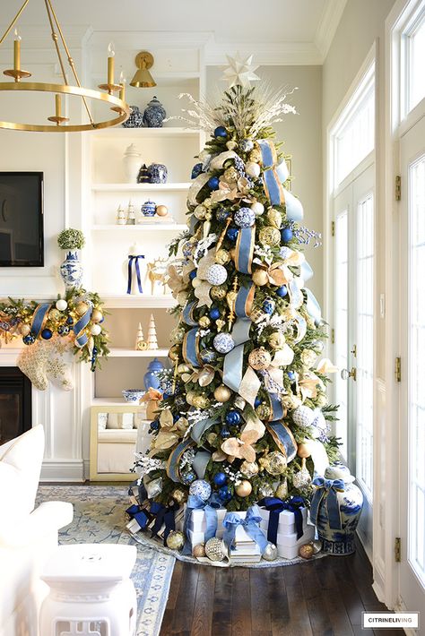 Gold White Blue Christmas Tree, Navy Ornaments Christmas Tree, Christmas Tree Green And Blue, White Gold Blue Christmas Tree, Blue Gold Red Christmas Tree, Navy Blue And Green Christmas Tree, White And Navy Christmas Decor, Gold And Navy Blue Christmas Tree, Gold And Light Blue Christmas Tree