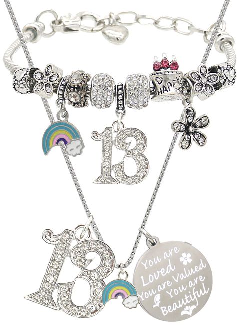 PRICES MAY VARY. BEST GIFTS FOR 13 YEAR OLDS: This is the cutest jewelry birthday gifts for 13 year old girl. Worked perfectly for 13th Birthday Girl, 13 year old Girl outfits or Christmas gift for 13 year old Girls. The 13th birthday gifts set contains one Necklace with number 13 and two little accessories, one Bracelet with number 13 and two little accessories NECKLACE for a 13 year old: the charm Necklace with number 13, lovely rainbow charm, a tag with meaningful quotes “You Are Loved, You A Cutest Jewelry, Teenager Birthday Gifts, 13th Birthday Gifts, Birthday Necklace Gift, Birthday Necklace, Gifts Set, Number 13, Birthday Bracelet, Presents For Girls