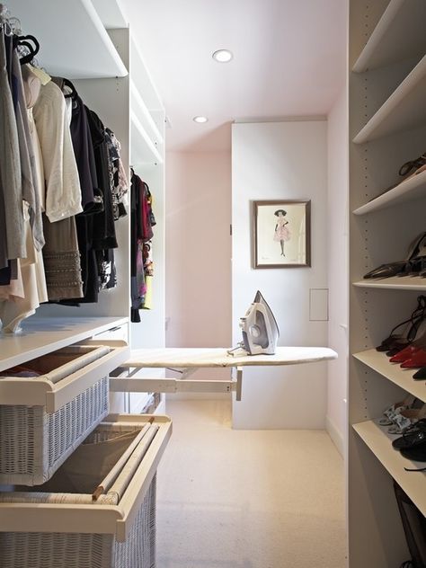 I love this ironing board in the closet, SUCH a timesaver. Once I'm rich enough to have a fabulous walk-in closet, I'll keep that in mind. Pull Out Ironing Board, Closet Storage Design, Contemporary Closet, Closet Laundry, White Closet, Walking Closet, Walk In Closet Design, Dream Closets, غرفة ملابس