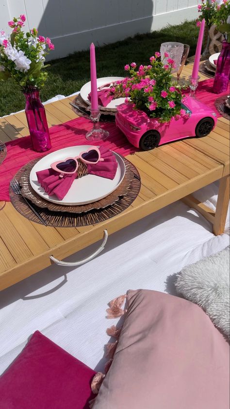 Barbie birthday decor, barbie theme, luxury picnic, birthday picnic, pink picnic, barbie decor, barbie party Barbie Picnic Party, Pink Picnic Ideas, Barbie Tablescape, Barbie Theme Party Decoration, Pink Barbie Party, Barbie Party Decor, Barbie Picnic, Barbie Themed Party, Barbie Decor