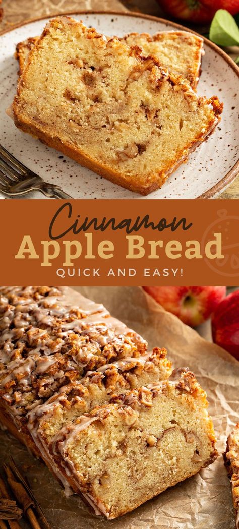 This moist and tender Cinnamon Apple Bread has a scrumptious swirl of brown sugar apples in the middle and a crisp top drizzled with light cinnamon glaze. This easy to make apple bread will become a favorite fall treat and one of the best quick breads you'll ever bake. #recipe #apples #autumn #baking #lemonblossoms #fallflavors Holiday Breads, Cinnamon Apple Bread, Bread Quick, Autumn Baking, Cinnamon Glaze, Fall Baking Recipes, Apple Recipes Easy, Sugar Apples, Apple Dessert Recipes