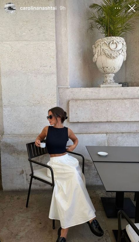 White Open Back Top Outfit, Fashion Long Skirts Style, Sailing Day Outfit, Picnic Jeans Outfit, Club Outfits Barcelona, Mexico Winery Outfit, Tank Top Long Skirt Outfits, Classy Minimalist Outfits Aesthetic, London Summer Outfit Aesthetic