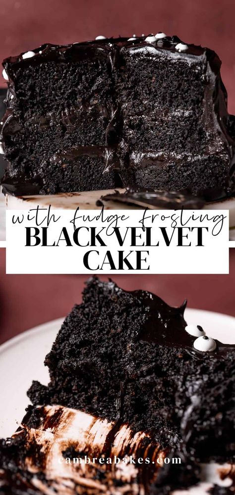 Black velvet cake - moist black chocolate cake with black fudge frosting! Naturally colored with black cocoa for a unique Oreo-like flavor; it's a rich chocolate dessert perfect as a Halloween cake, for birthdays, and more! Best Baked Treats, Hersheys Dark Chocolate Cake, The Best Chocolate Cake Ever, Double Fudge Cake, Moist Chocolate Fudge Cake, Black Velvet Halloween Cake, Black Velvet Chocolate Cake, Different Types Of Chocolate Cake, Blackberry Velvet Cake