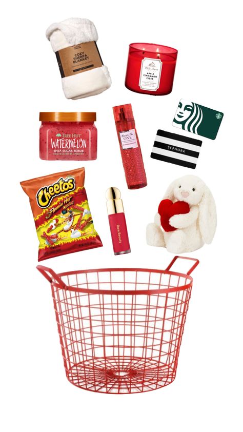 Bae Basket Idea (Red edition) ❤️ #baebasket #valentines #red #jellycat #love #vday Easy Birthday Gifts, Valentines Day Baskets, Red Basket, Valentine Gift Baskets, Best Gift Baskets, Valentine Baskets, Valentine's Day Gift Baskets, Birthday Basket, Cute Gifts For Friends