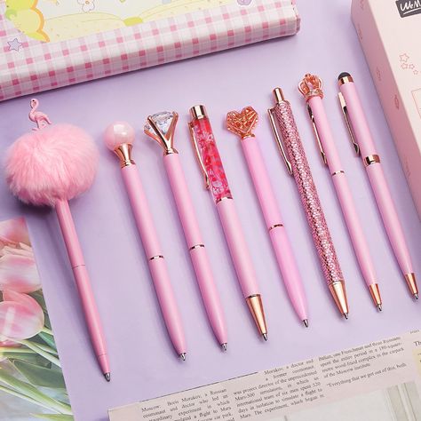 Pink Office Supplies, Cute Writing, Cute Stationary School Supplies, Fancy Pens, Pink Pens, Kawaii School Supplies, Diamond Pen, Cute Stationary, Cute Pens